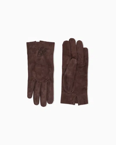 Emporio Armani Suede Gloves With Signature Capsule Logo Embroidery In Marron