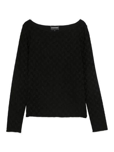 Emporio Armani Geometric Pattern Boat-neck Textured Knit Jumper In Black