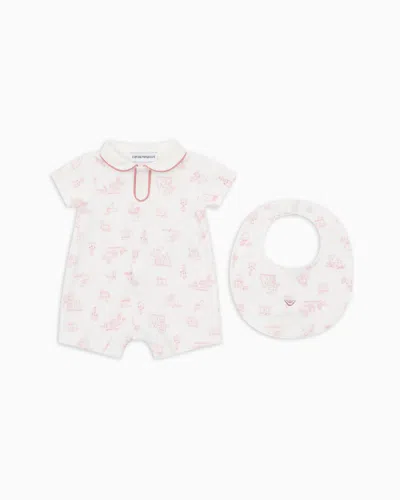 Emporio Armani Sunday Pattern Interlock Jersey Romper And Bib Gift Set In White