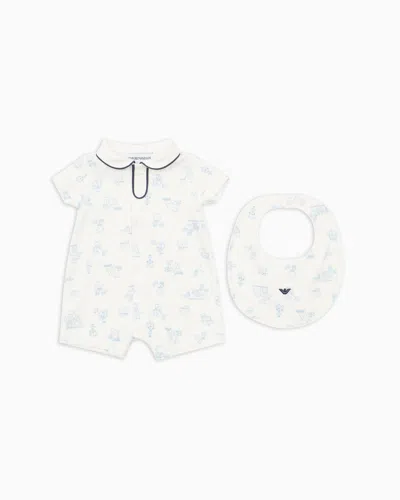 Emporio Armani Sunday Pattern Interlock Jersey Romper And Bib Gift Set In White