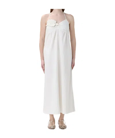 Emporio Armani Linen-blend Long Dress With Embroidered Leaf In White