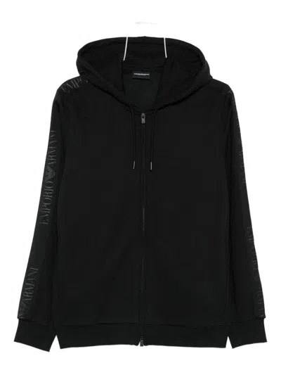 Emporio Armani Cotton Hooded Sweater Ribbed Finish In Black