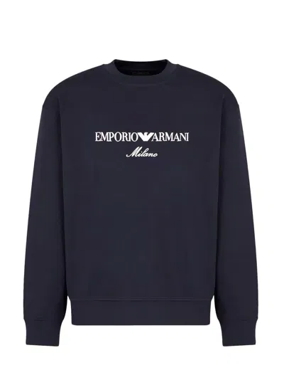 Emporio Armani Blue Crewneck Sweatshirt With Maxi Logo Lettering On The Front In Cotton Blend Stretch Man