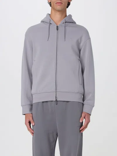 Emporio Armani Hooded Sweatshirt With Partial Zip, In A Wool-blend Jersey In Grey