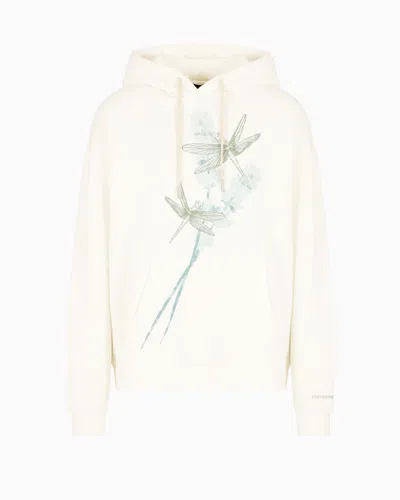 Emporio Armani Jersey Hooded Sweatshirt With Dragonfly Print And Embroidery In White