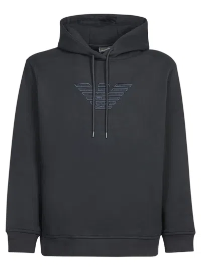 Emporio Armani Logo Embroidered Drawstring Hoodie In Blue