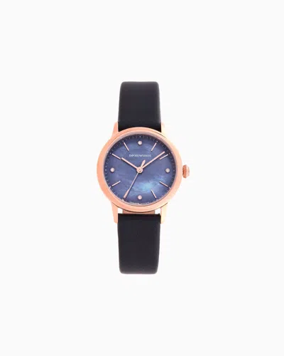 Emporio Armani Swiss Made Automatic Blue Leather Watch In Black