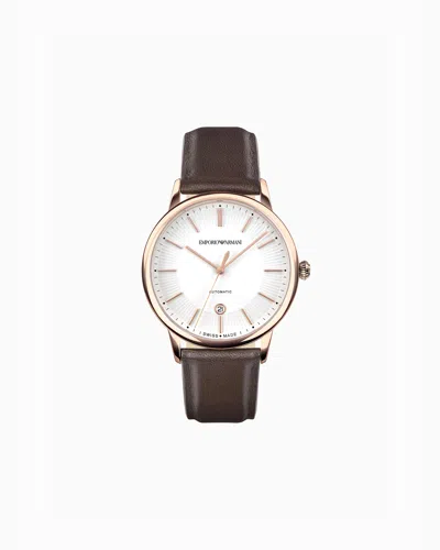 Emporio Armani Swiss Made Automatic Brown Leather Watch In Multicoloured