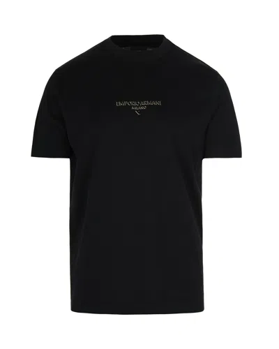 Emporio Armani T-shirt In Jersey Misto Lyocell Con Logo Effetto 3d In Black