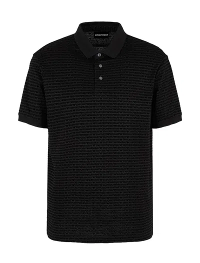 Emporio Armani Asv Lyocell-blend Jersey Polo Shirt With Flocked Lettering All Over In Black