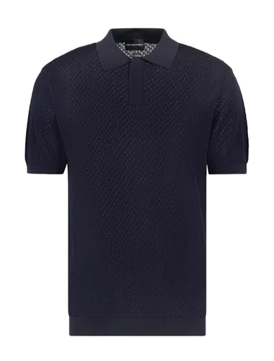 Emporio Armani Micro-pattern Jacquard Knit Polo Shirt In Blue Fancy 17