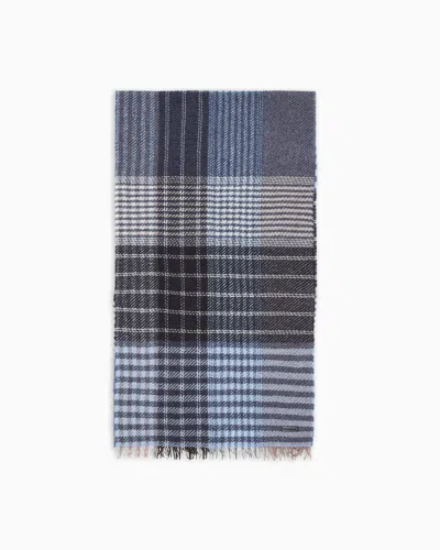 Emporio Armani Tartan Wool Scarf In Blue