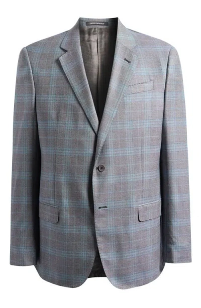 Emporio Armani Teal & Charcoal Grey Check Virgin Wool Sport Coat In Gray