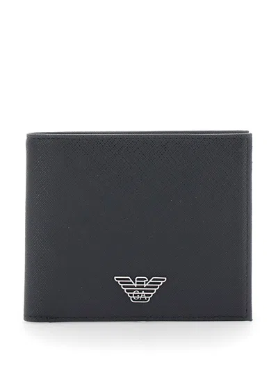 Emporio Armani Tech Fabric Bifold Wallet With Metallic Logo, 11x9.5x1.5 Cm, 8 Card Slots In Black