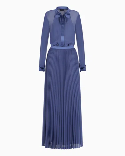 Emporio Armani Technical Georgette Two-piece Effect Long Dress In Blue