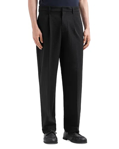 Emporio Armani Technical Nylon Blend Seersucker Regular Fit Pleated Pants In Solid Black