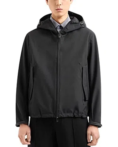 Emporio Armani Technical Stretch Water Repellent Full Zip Hooded Jacket In Solid Black