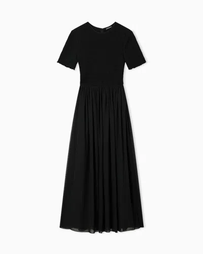 Emporio Armani Midi Dress Gathered Skirt Round Neckline In Black