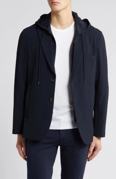 Emporio Armani Techno Stretch Blazer With Removable Hooded Bib Inset In Navy