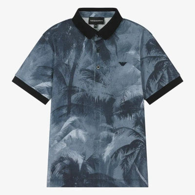 Emporio Armani Teen Boys Blue Palm Print Polo Shirt In Brown