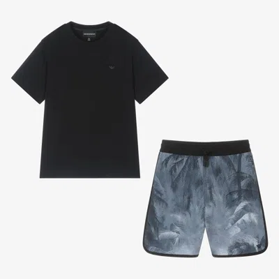 Emporio Armani Teen Boys Blue Palm Tree Cotton Shorts Set
