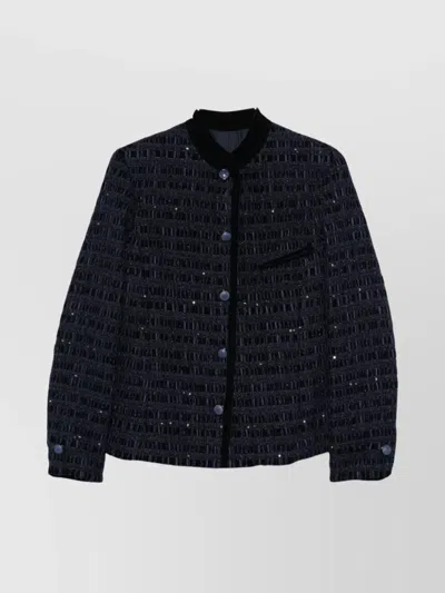 Emporio Armani Textured Blazer With Front Pocket And Velvet Collar In Blue