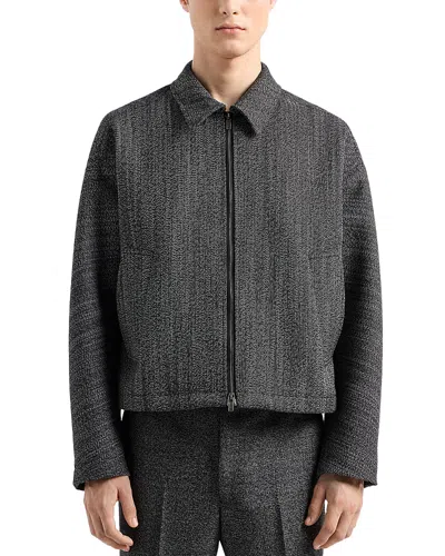 Emporio Armani Textured Blouson Wool Blend Jacket In Solid Black