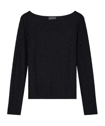 Emporio Armani Geometric Pattern Boat-neck Textured Knit Jumper In Black