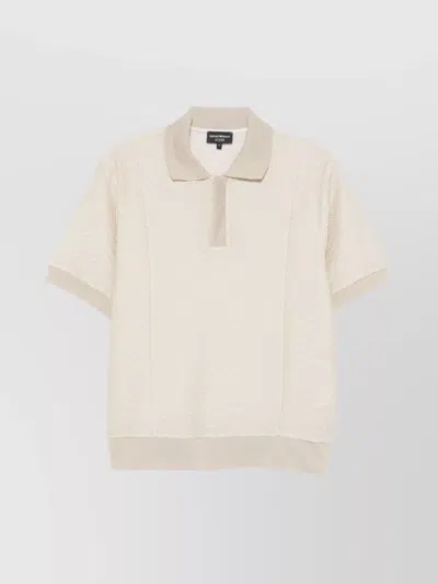 Emporio Armani Textured Fabric Polo With Ribbed Trim In Beige