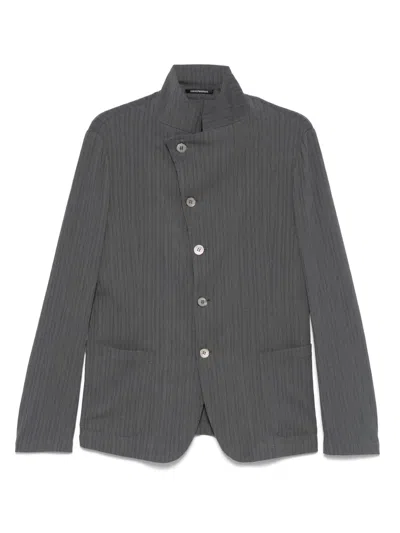 Emporio Armani Guru-collar Jacket With Off-centre Fastening In Bark-effect Armure Fabric In Gray