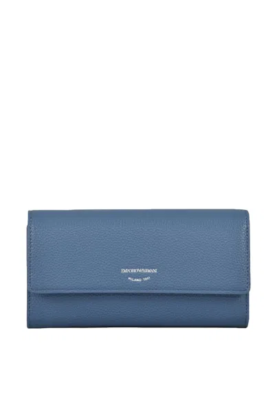 Emporio Armani Textured Leather Wallet With Flap Closure And Metallic Logo Detail In Blue