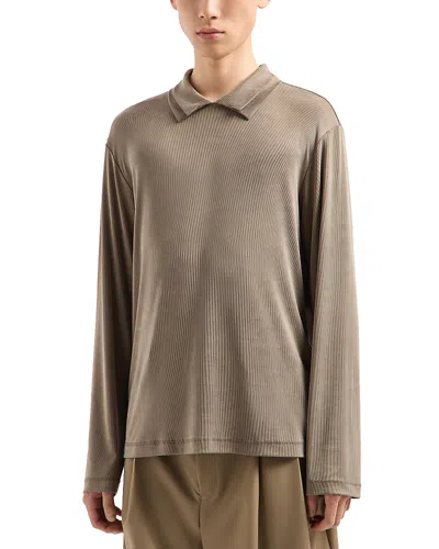 Emporio Armani Textured Stretch Long Sleeved Polo Shirt In Dark Beige