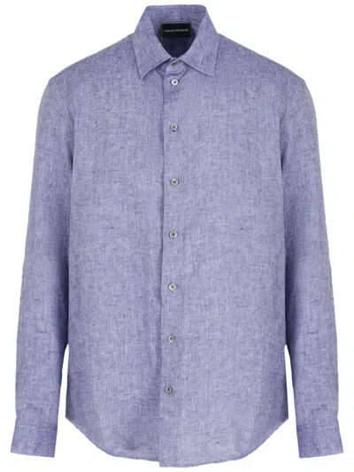 Emporio Armani Long Sleeve Linen Chambray Button Front Shirt In Light Blue