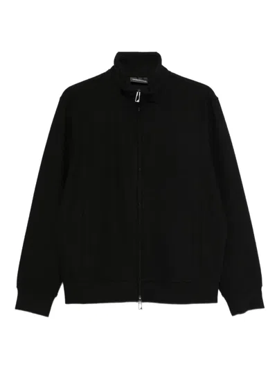 Emporio Armani Herringbone Zip Jacket High Collar Pockets In Black