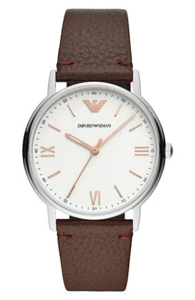 Emporio Armani Three-hand Leather Strap Watch, 41mm In Silver