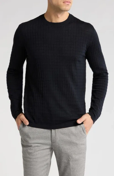Emporio Armani Tonal Textured Virgin Wool Crewneck Sweater In Solid Blue Navy