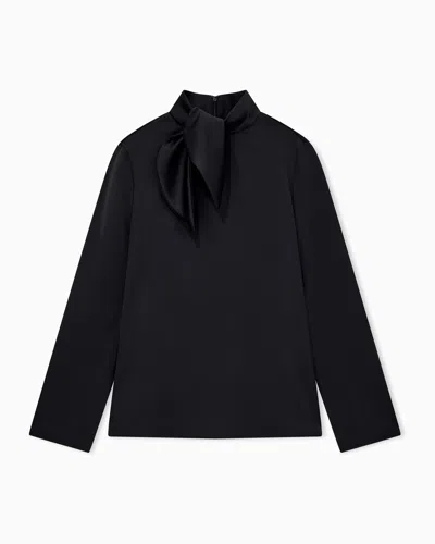 Emporio Armani Top In Techno Twill With High Collar And Bow Detail In Black