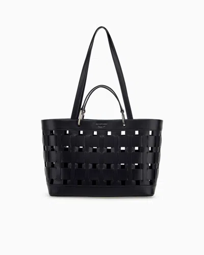 Emporio Armani Tote Bag With Woven Design Double Handles And Pouch In Purple