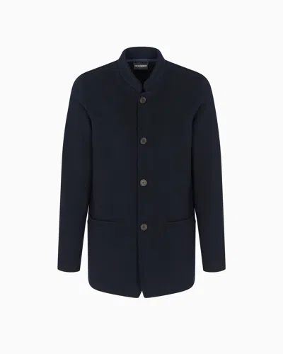 Emporio Armani Guru Collar Jacket In Chevron Motif Jersey Knit In Blue