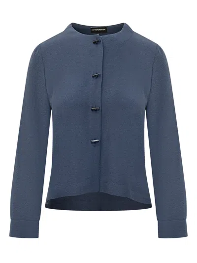 Emporio Armani Trendy Jacket With Neck Closure And Clips In Blue