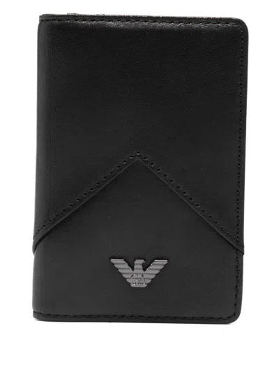 Emporio Armani Trifold Napa Leather Card Holder With Geometric Detail In Black