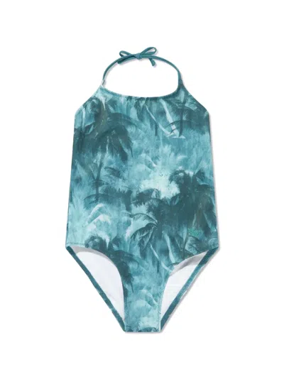 Emporio Armani Kids' Tropical-print Tie Fastening Swimsuit In 绿色