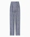 Emporio Armani Trousers With Pleats In A Prince Of Wales Check Linen And Viscose Blend In Blue