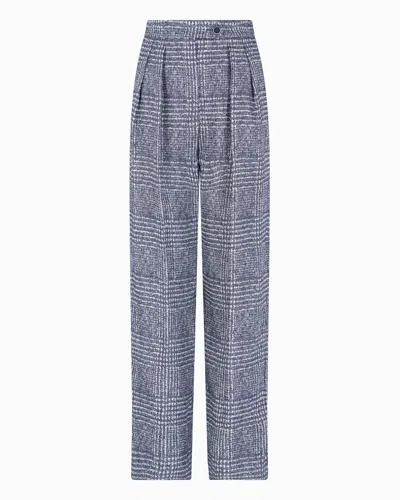Emporio Armani Trousers With Pleats In A Prince Of Wales Check Linen And Viscose Blend In Blue