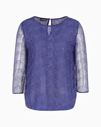 Emporio Armani Tulle Blouse With All-over Ginkgo Embroidery In Blue