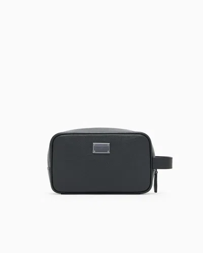 Emporio Armani Tumbled Leather Washbag In Black