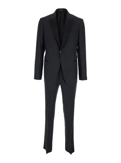 Emporio Armani Black One-breasted Suit With Peaked Revers And Satin Detailing In Wool Man In Blue