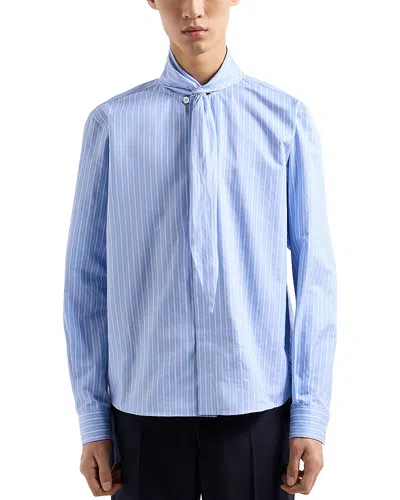 Emporio Armani Twill Effect Striped Heavy Cotton Shirt With Tie In Blue White