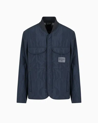 Emporio Armani Two-tone Wave Motif Quilted Nylon Blouson In Navy Blue