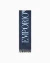 Emporio Armani Two-tone Wool-blend Scarf With Oversized Lettering In Blue